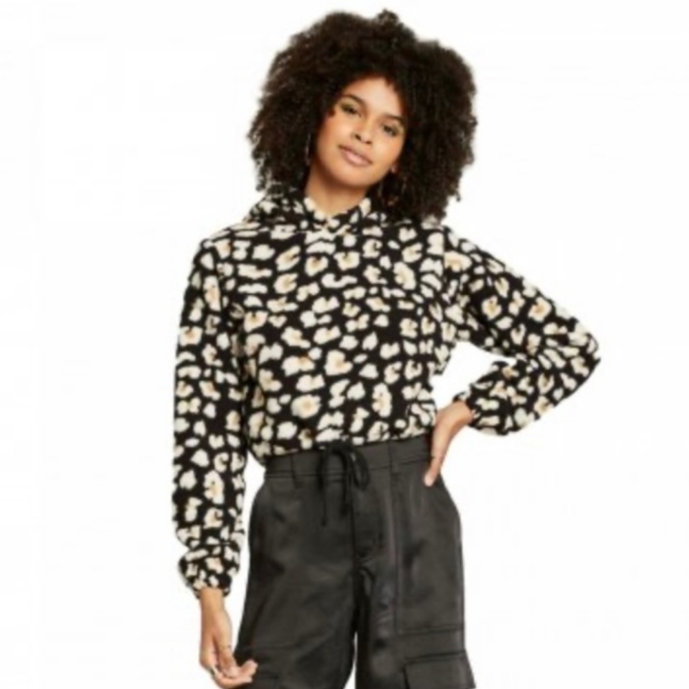 Wild Fable Leopard Print Crop Teddy Pullover Hoodie New